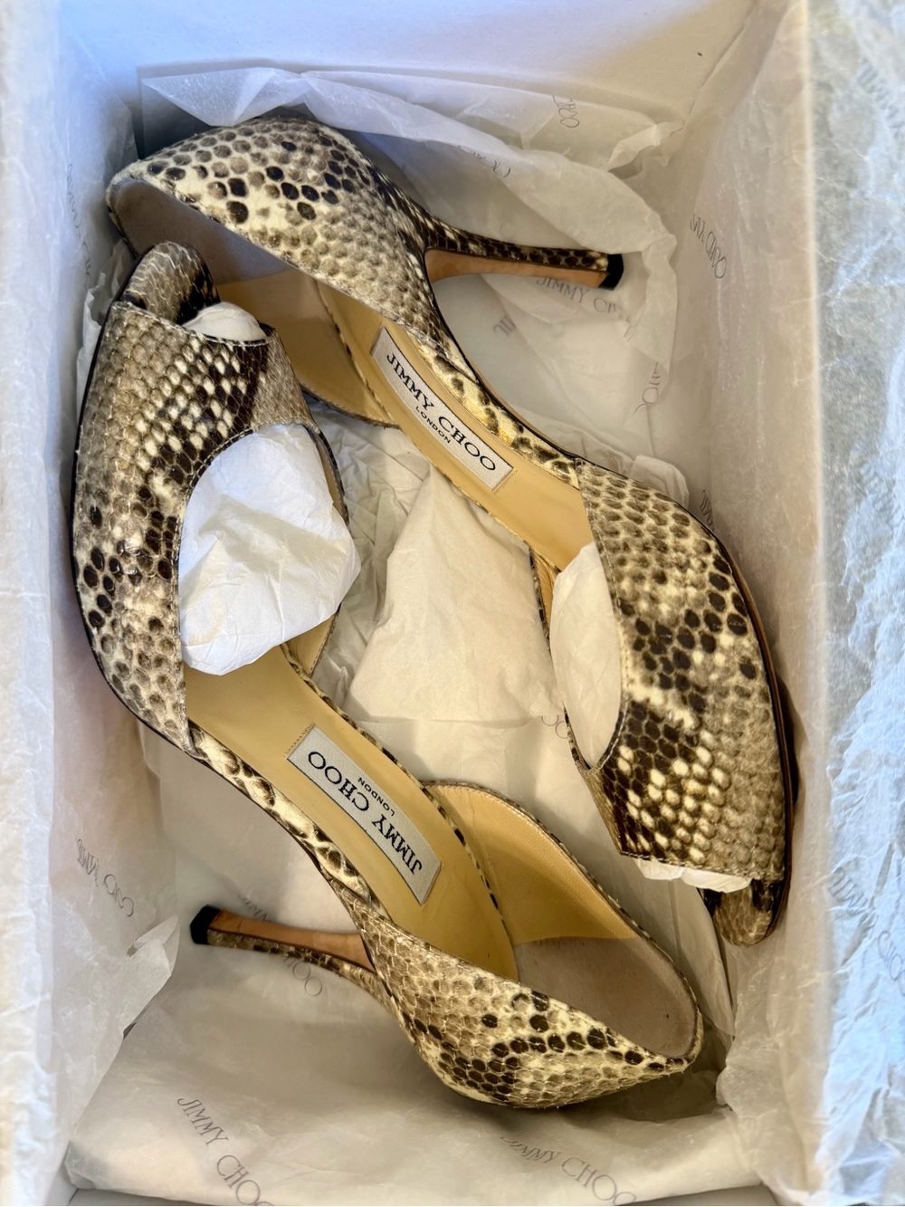 Jimmy Choo Snakeskin Peep-Toe Pumps in Brown and Cream, Size 39